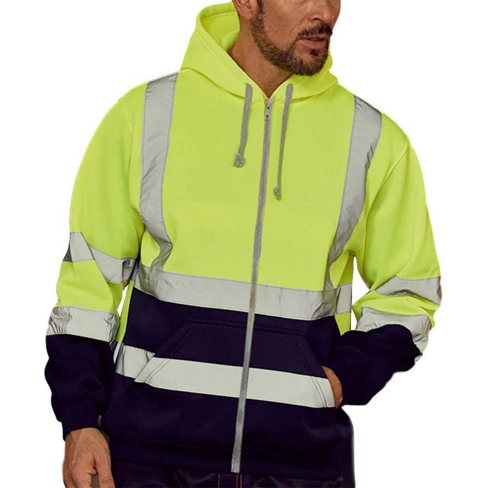 Mens Hooded Zipper Tops Fashion High Visibility Reflective Sweatshirt for Men Bomber Jacket Side Pockets Breathable Coat Tops M250312