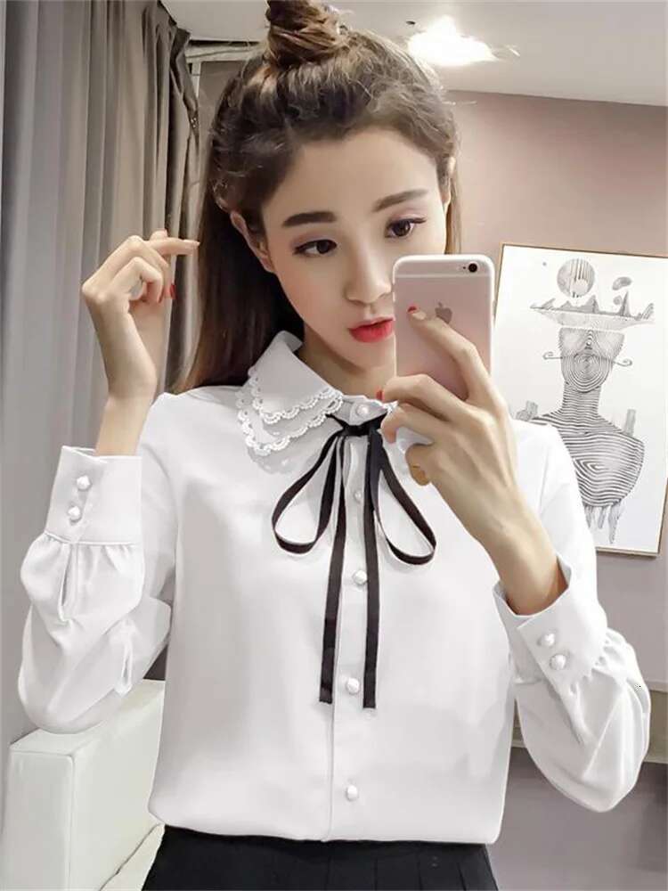 Women Spring Autumn Style Vintage Blouses Shirts Lady Casual Long Sleeve Turn-Down Collar Pink White Blusas Tops Df3089