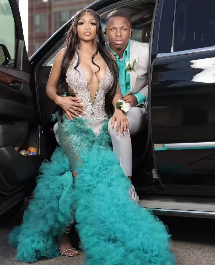 Customsized Turquoise Mermaid Prom Long Dress Sier Dia Crystal Ruffles Skirt Black Girl Birthday Evening Gown vestidos de gala
