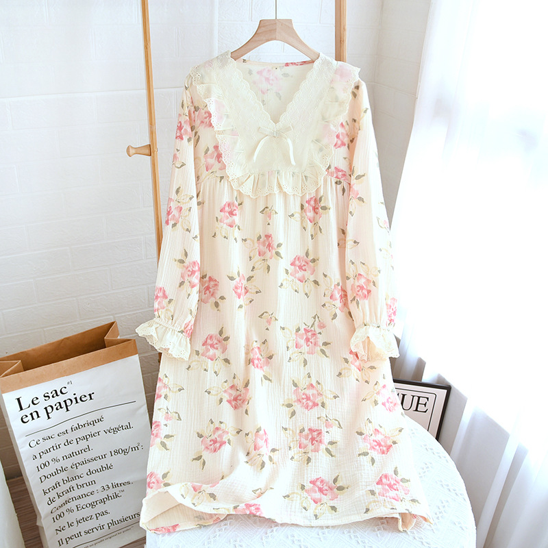 B773-Gentle women's floral pure cotton yarn loose double-layer gauze home clothes pajamas set autumn long sleeve home wear