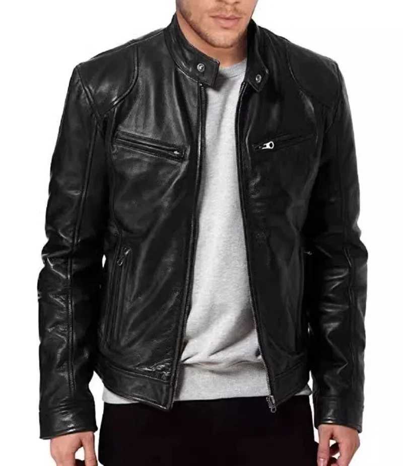 Fall and Winter Mens Leather Jacket Mens Stand-up Collar Jacket Zipper Biker Leather Jacket Casual Slim Leather JacketT250311