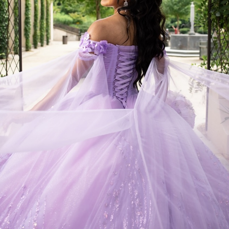 Lavender Shiny Off Shoulder Quinceanera Dresses Applique Lace Beading With Cape Tull Corset Party Birthday Sweet 16 Dress Vestidos 15 De Anos