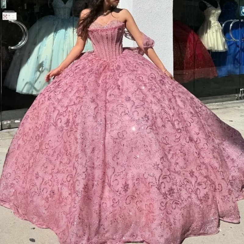 Pink Shiny Sweetheart Ball Gown Quinceanera Dresses Princess Corset Sequin Appliques Beads Crystal Sweet 16 Dress Vestidos De 15 Anos