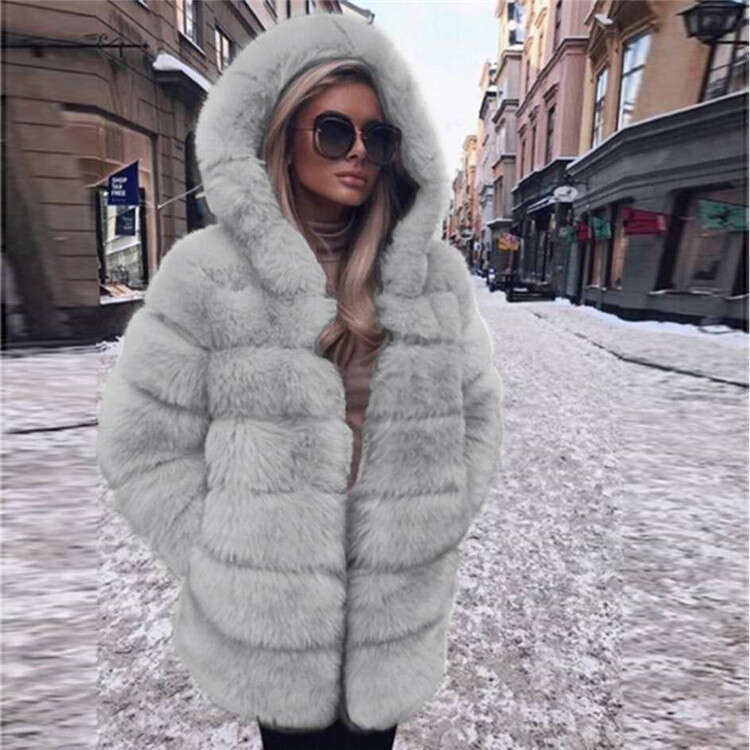 2020 Faux Long Sleeved Hooded Fur Women's Coat
