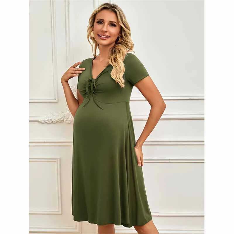 New Pregnancy Woman Dress Solid Photography Clothes Short Sleeve Dresses Soft Maternity V Neck Skirt Photoshoot PropsT250311