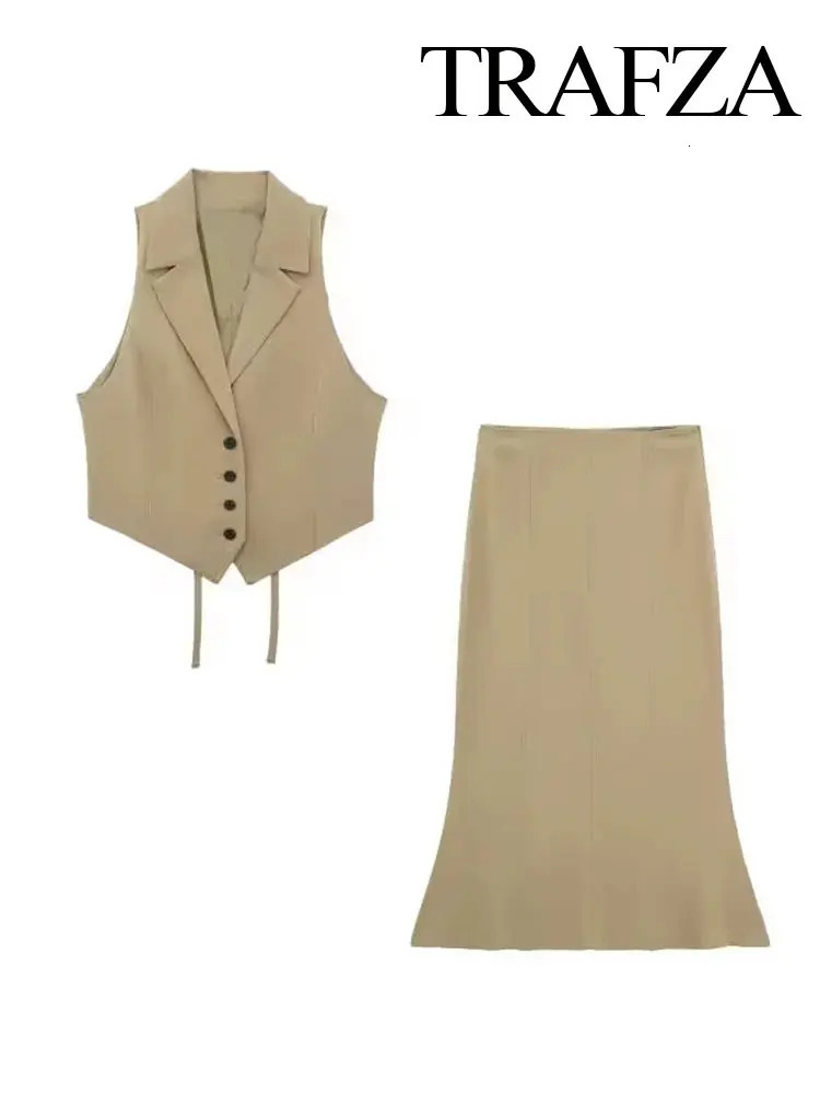 TRAFZA Summer Womens Street Slimming Tank Top 2piece Set Fashion Back Open n TopHigh Waist Flared Midi Skirt TRAF 250312