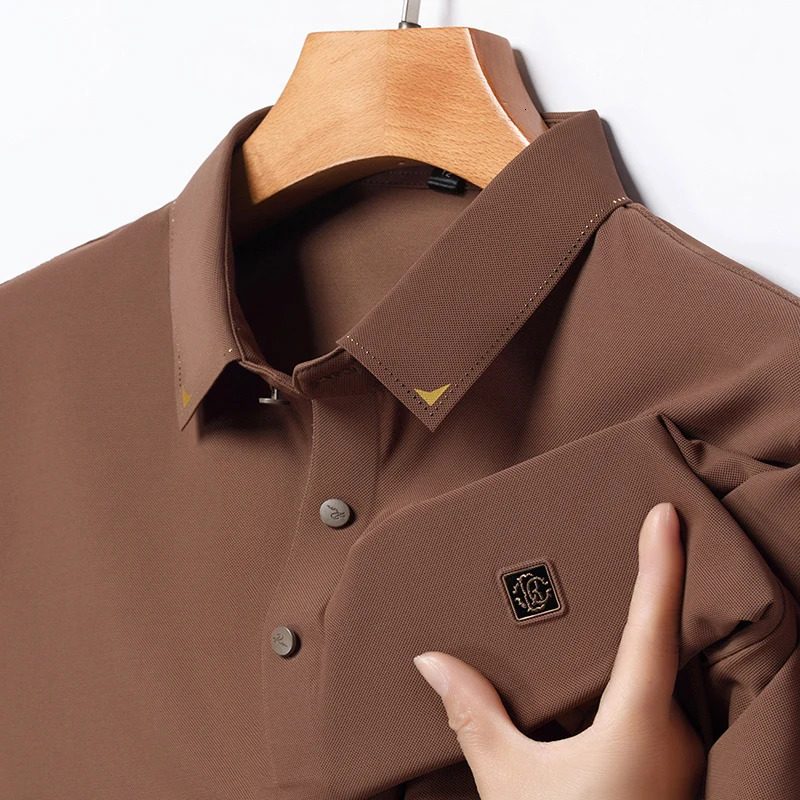 Mens Ice Silk Seamless Polo Shirt Highend Print Short Sleeved Top Summer Cool Breathable y TShirt Clothing 250312