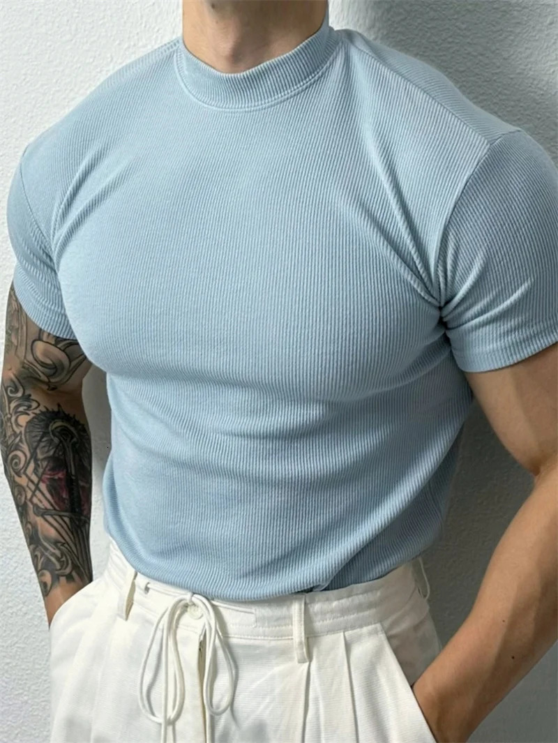 Spring and summer fashion mens Tshirt small high neck striped short sleeved fitness top casual sports shirt 250312