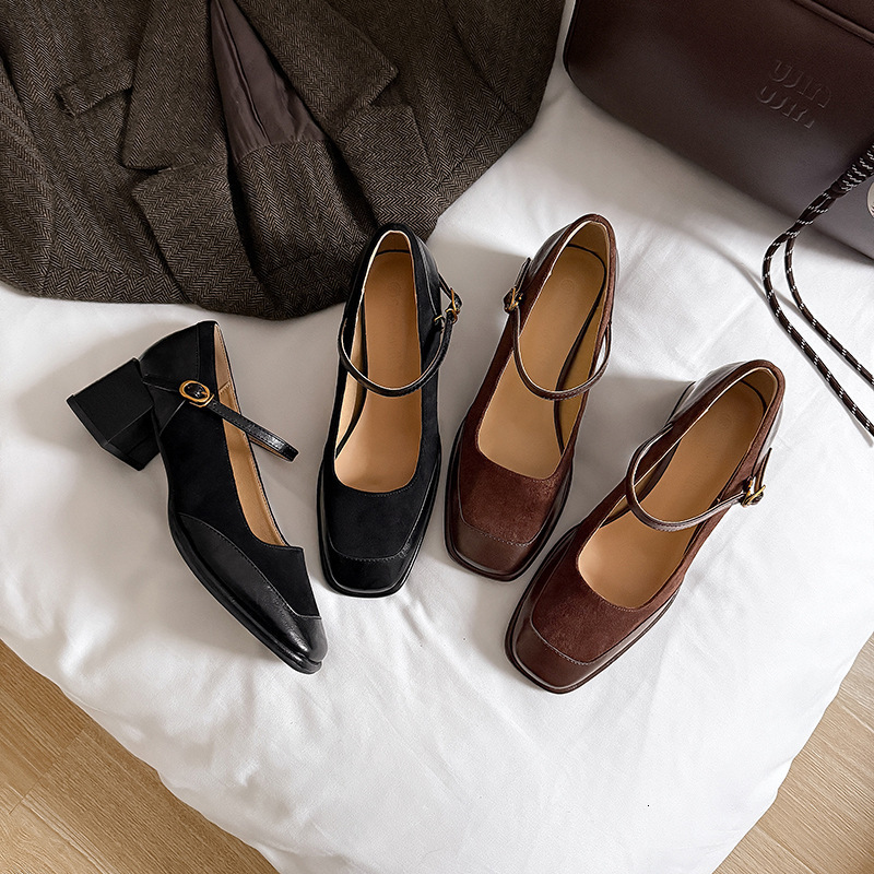 Cowhide Edition~High Heels Women's Spring and Autumn New Style Square Head Bottom Black Short French Thick Heel Mary Jane Single Shoes #ddmypanda