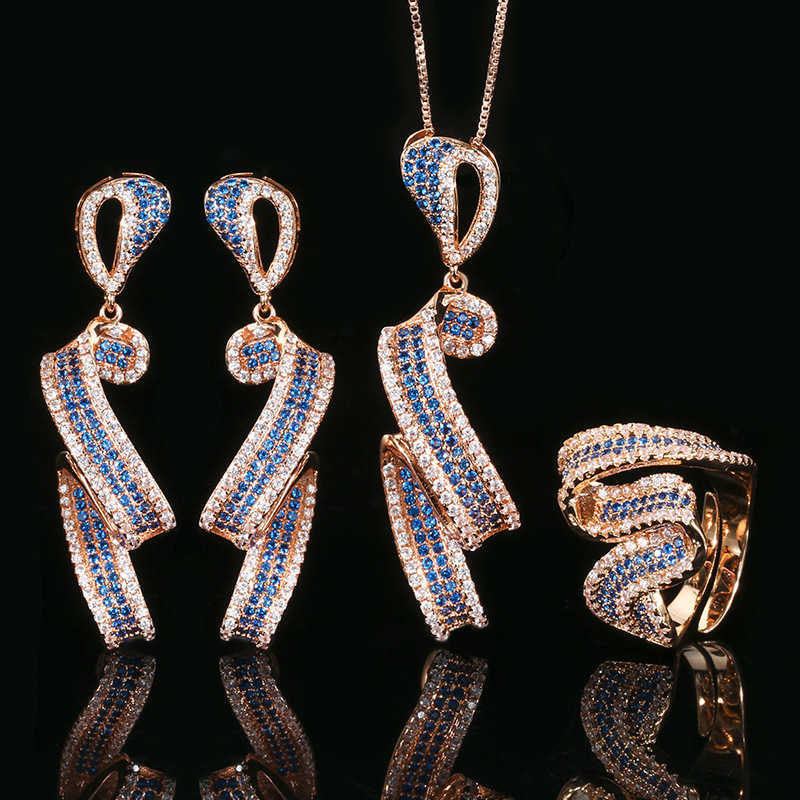 2025 New Zhuangsheng Copper Bottom Gold Plated Simulated Blue Sharp Crystal Design Rose Gold Set W250312