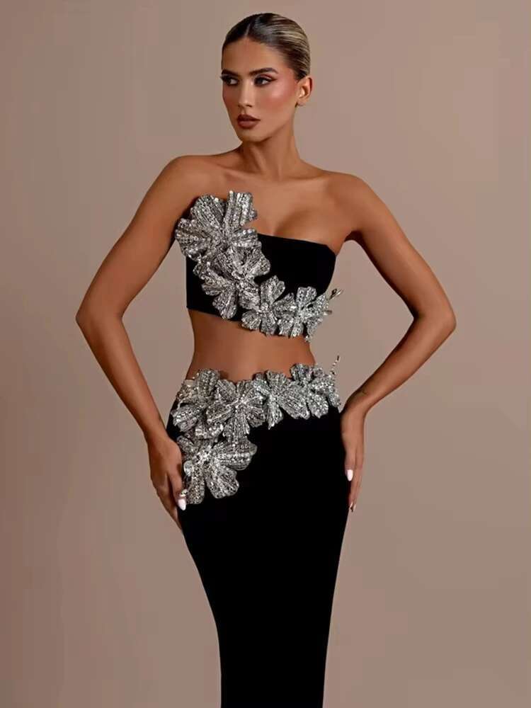 Women's Strapless Wer Dias Crystal Black Maxi Long Bandage Skirt Set 2024 Knitted Elegant Evening Club Party Clothing
