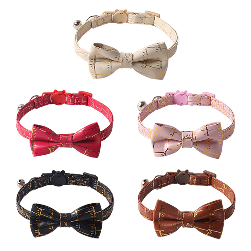 Fashion Cat Collar Cool PU Leather with Bow Tie Detachable Bell Safety Breakaway Gold Stamp Pattern Cat Collar Pet Gift for Boy Girl Cats Puppy Black 