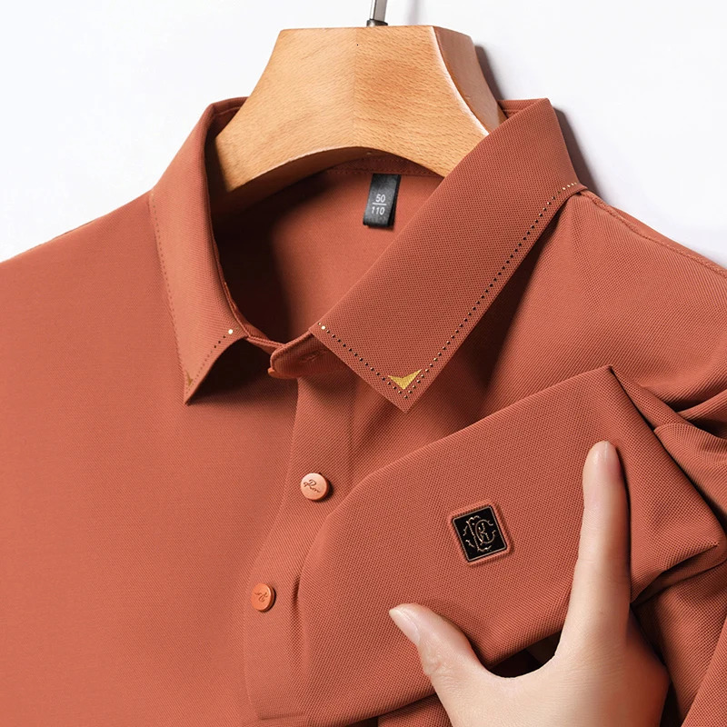 Mens Ice Silk Seamless Polo Shirt Highend Print Short Sleeved Top Summer Cool Breathable y TShirt Clothing 250312