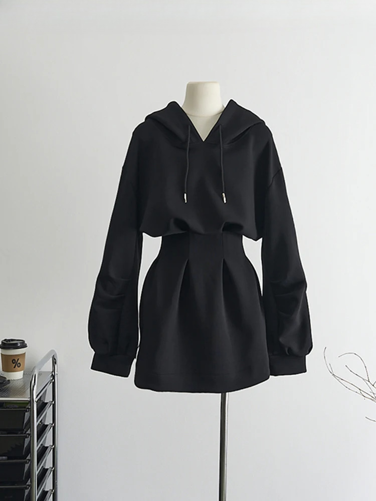Autumn Winter Y2k Long Sleeve Midi Hoodies Dress Women 2000S Aesthetic Tunic Frocks Solid Color One-Piece Gyaru Dark Academia