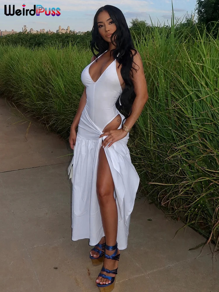 Weird Puss Hipster Solid 2 Piece Set Women Summer Trend Elegant Halter BodysuitWrapped Long Skirts Matching Clubwear Outfits 250305