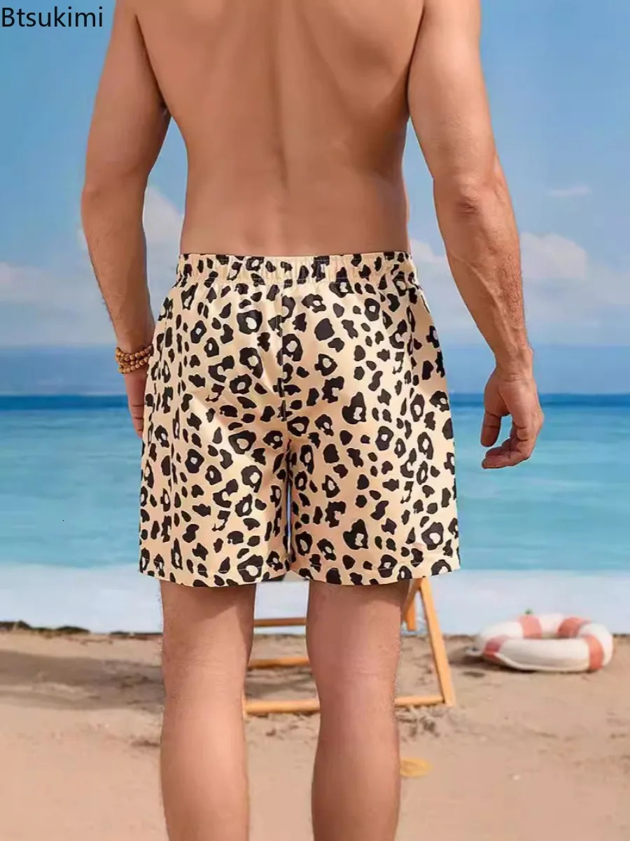 Summer Leopard Print Beach Shorts for Men Loose Casual Pocket Drawstring Beach Sport Pants Men Quick-Drying Washable Swim Briefs 250310