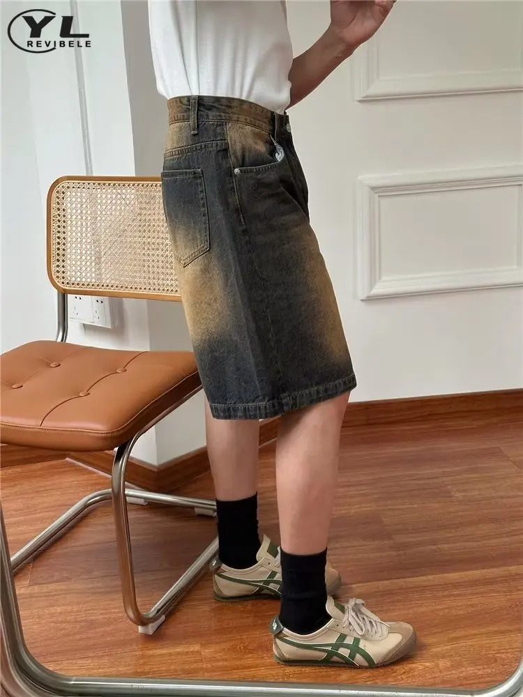 Baggy Casual Jean Shorts Mens Summer Mid High Waist Distressed Washed Denim Short Pants Male Street Vintage Knee Length 250312