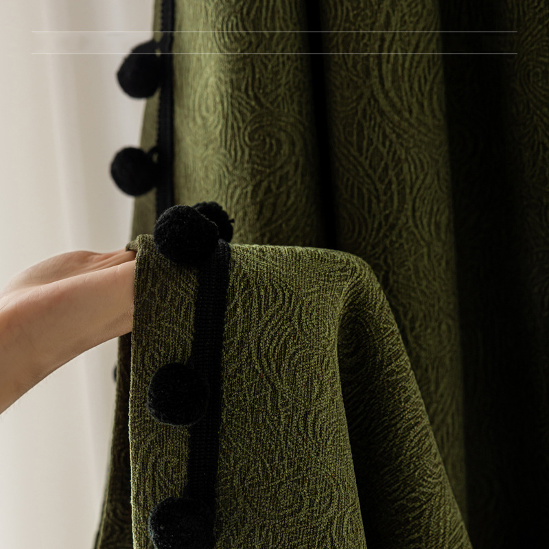 T0391 Manyunli retro curtains dark green French jacquard blackout chenille curtains can be added with lace shape Curtain