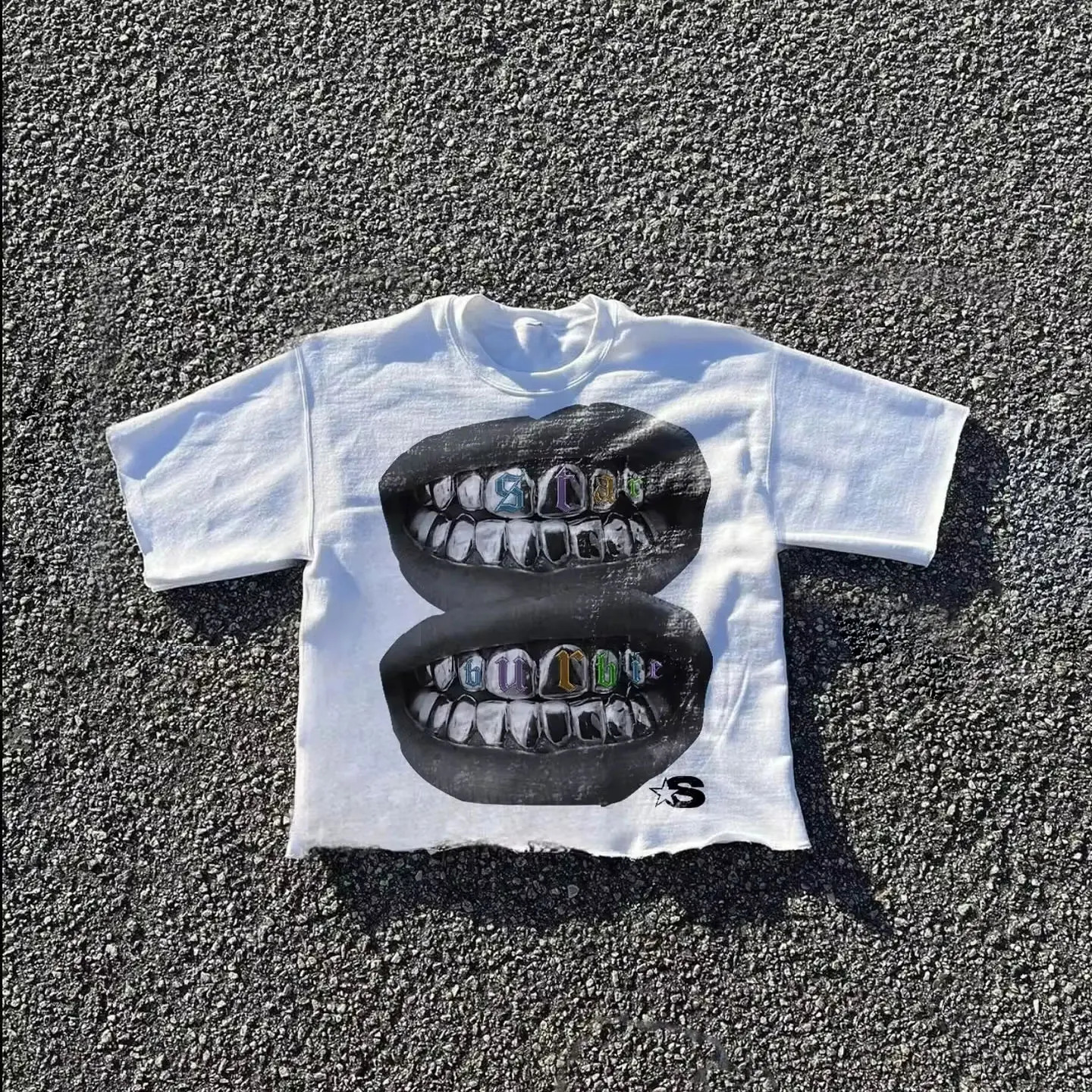 Streetwear punk oversized casual teeth pattern mens Gothic Tshirt Y2K Harajuku hiphop cotton short sleeved top unisex 250312