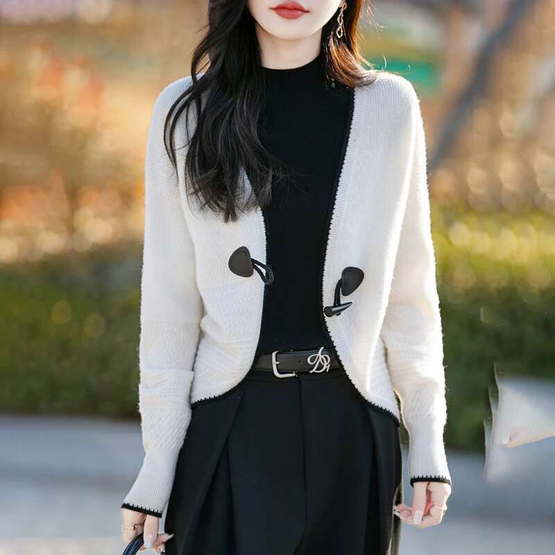 Spring New Long Sleeved Knitted Cardigan Women's V-Neck 100% Wool Trendy Fashion Short Cut Hollow Summer Jacket Sweater