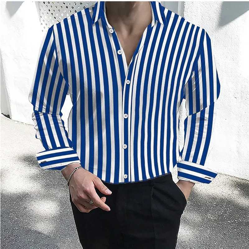 Mens shirt button up lapel shirt black and white red long sleeved striped collar workwear large size 5XL W250312
