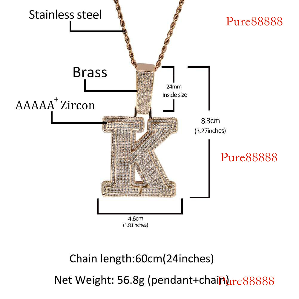 THE BG KING Big Bold Single Pendant Initial Letter A-Z Micro Paved Out 5A Cubic Zirconia Charm Necklace Hiphop Jewelry