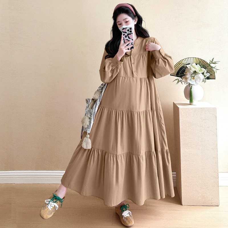 Long Lantern Sleeve Pregnant Woman Ball Gown Dress Ruffles Patchwork Plus Size Maternity Cake Dress Sweet Pregnancy Clothes CuteT250311