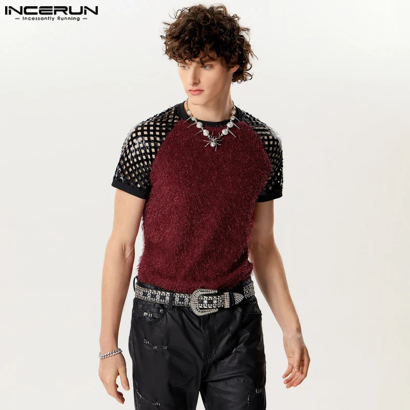 mens Tshirt hollow plush decal work Oneck short sleeved tee top summer fashion casual vest INCERUN 250312