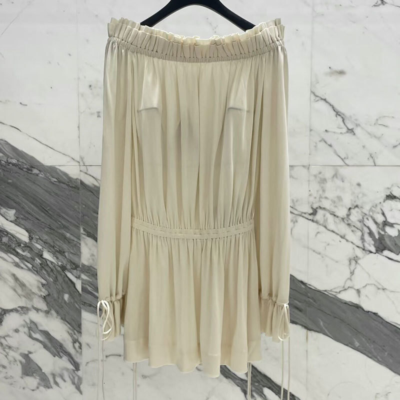 Women's Off-Shoulder Mini Tie-Waist Dress Fashion Long Sleeve Pleated Waist-Defining Solid Color Trendy Sexy Early Spring Luxury Designer High-Qu