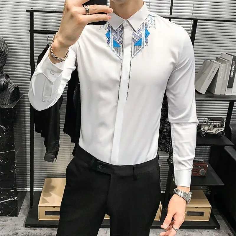 Mens Clothing Korean Fashion Non Iron Wrinkle Resistant Business Casual Shirt Vintage Embroidery Long Sleeve Slim Formal Tops W250312