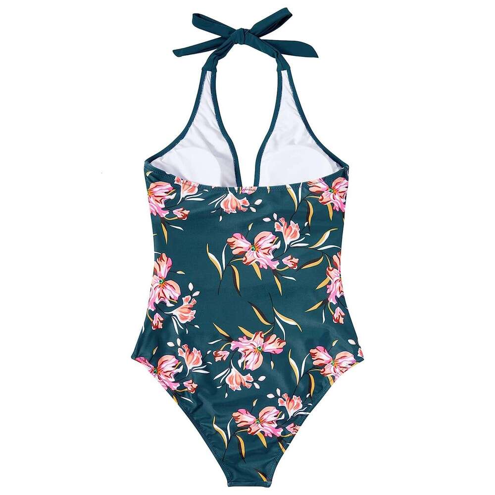 Summer Sexy V-Neck Swimsuits Women's One Piece Swimwear Push Up Vintage Halter Bodysuit Bathing Suits Printing Swimming Wear Beachwear Pool Bathe