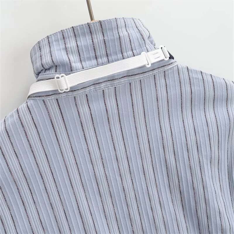 KEYANKETIAN New Launch Women's Necktie Decoration Striped Shirt Preppy Style Single Breasted Flare Sleeve Slim Blouse Crop Top