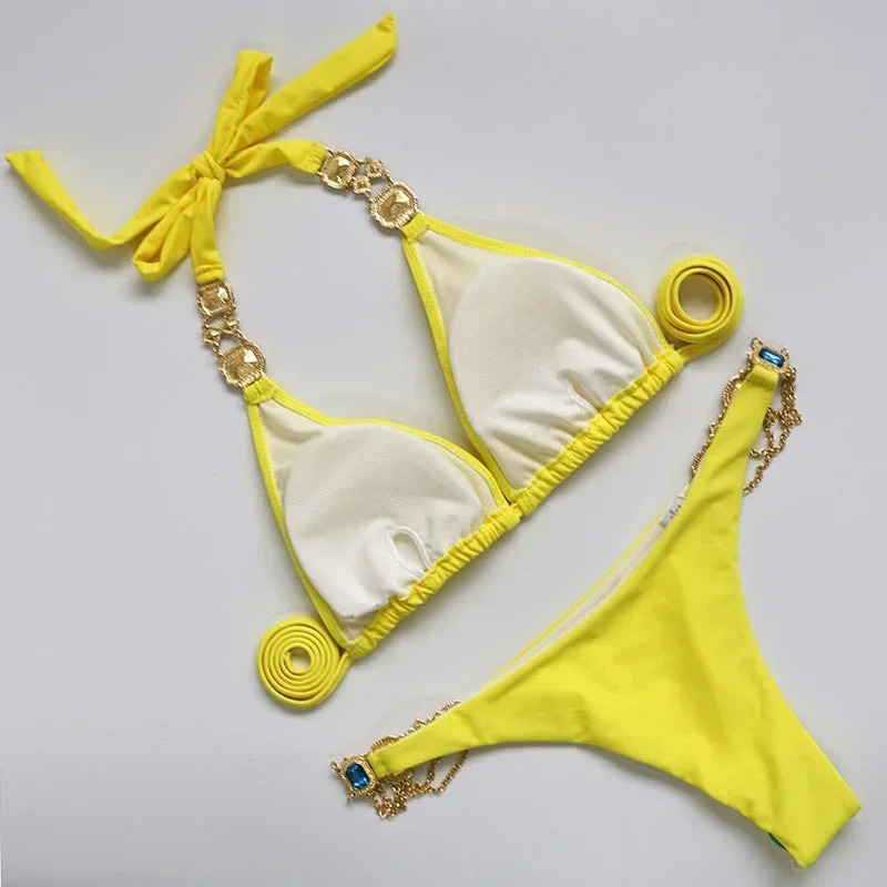 Halter Metal Chains Rhinestone Diamond Bikini Women Swimsuit Female Swimwear Two Pieces set Brazilian Bathing Suit Swim 250310