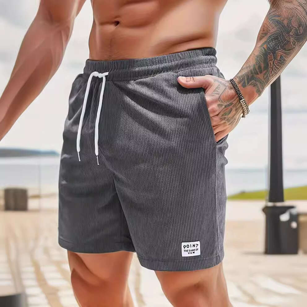 summer solid color lace up sports corduroy simple five quarter men's shorts pants 2025 new casual versatile fashion clothing