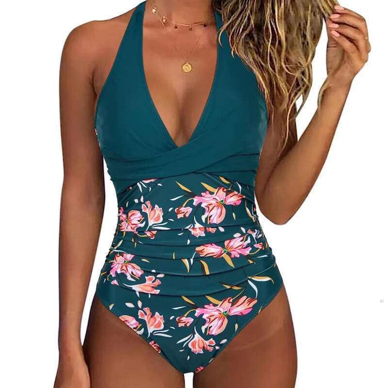 Summer Sexy V-Neck Swimsuits Women's One Piece Swimwear Push Up Vintage Halter Bodysuit Bathing Suits Printing Swimming Wear Beachwear Pool Bathe