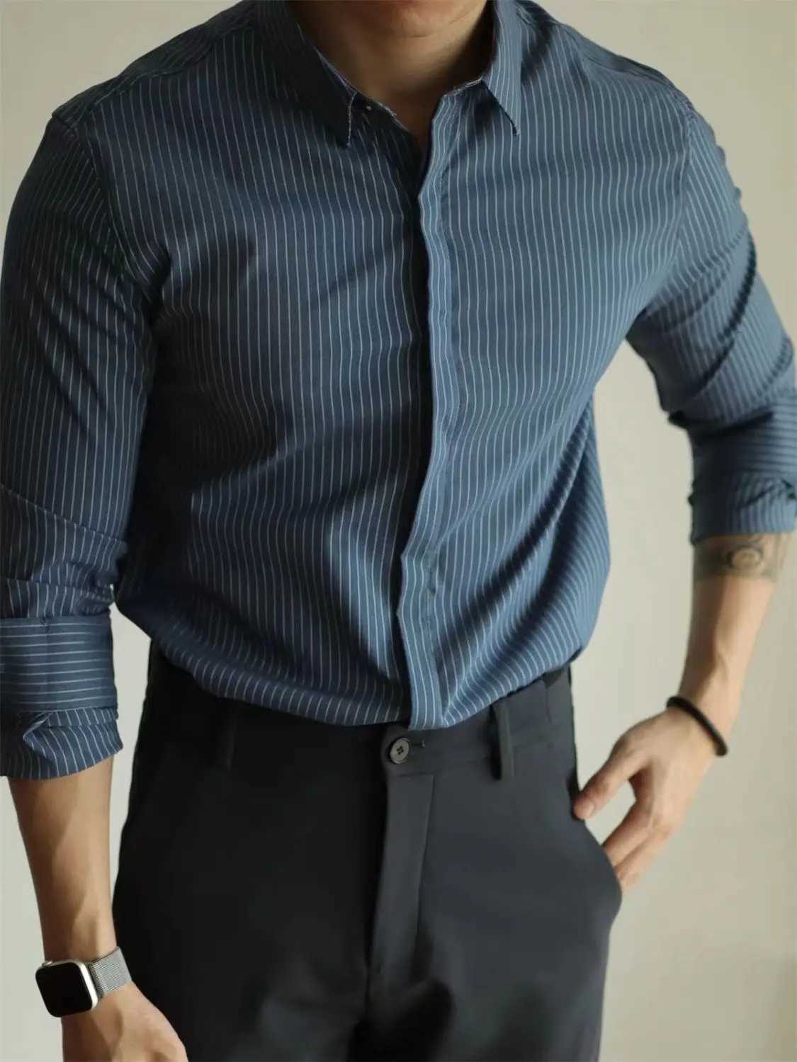 High End Mens Striped Long Sleeved Shirt with Micro Elasticity Formal Wear Casual Business Top W250312