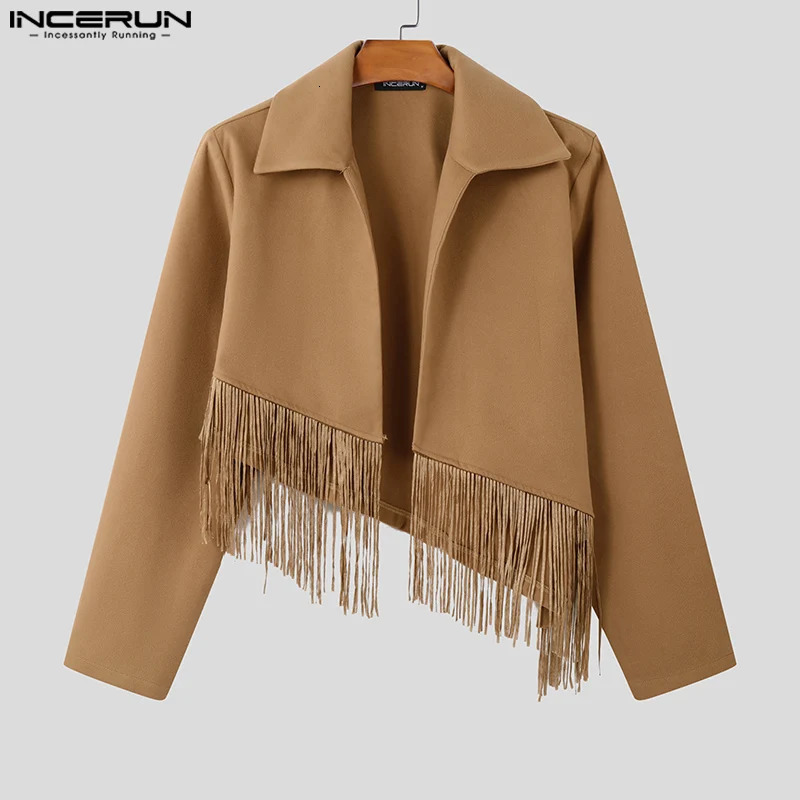 INCERUN Tops American Style Fashion Mens Diagonal Tassel Woolen Jackets Coat Casual Streetwear Male Solid Long Sleeved 250312