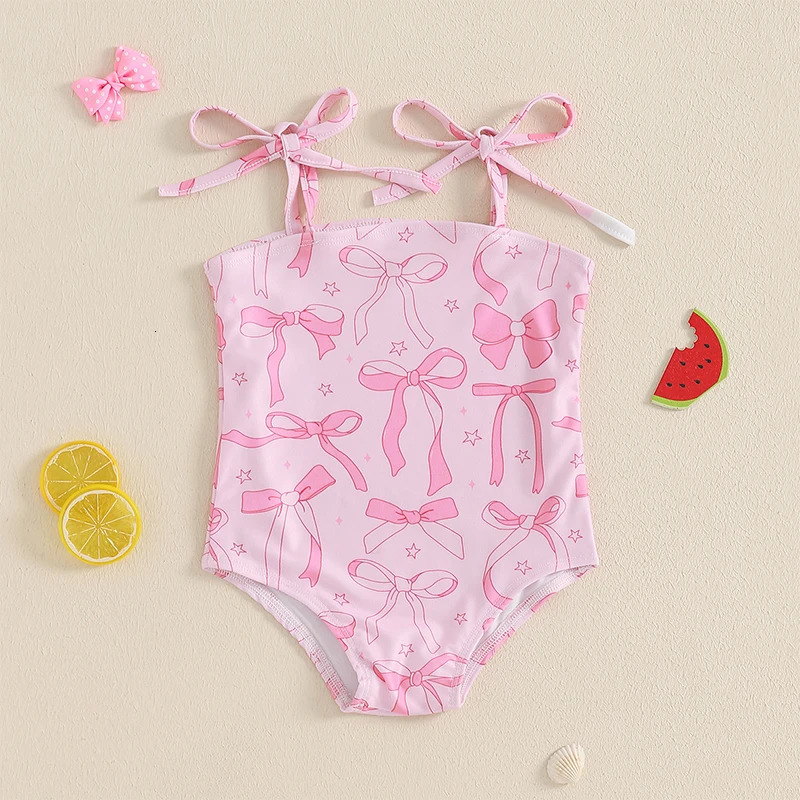 6M-4T Kids Girls Bikini Elastic Sleeveless Bow Print Swimsuit Swimwear for Summer Beach 250311
