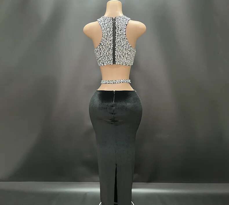 Sparkly Crystal Tops 2 Pieces Bodycon Long Dress Women Sexy Off The Shoulder Nightclub Party Performance Costume