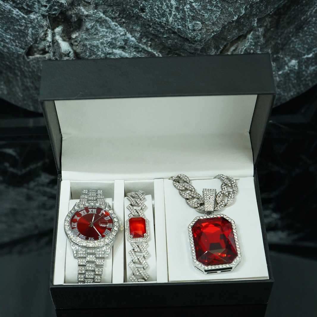 TMEU hot selling red alloy pendant bracelet necklace watch 5-piece set mens high-end gift box jewelry W250312