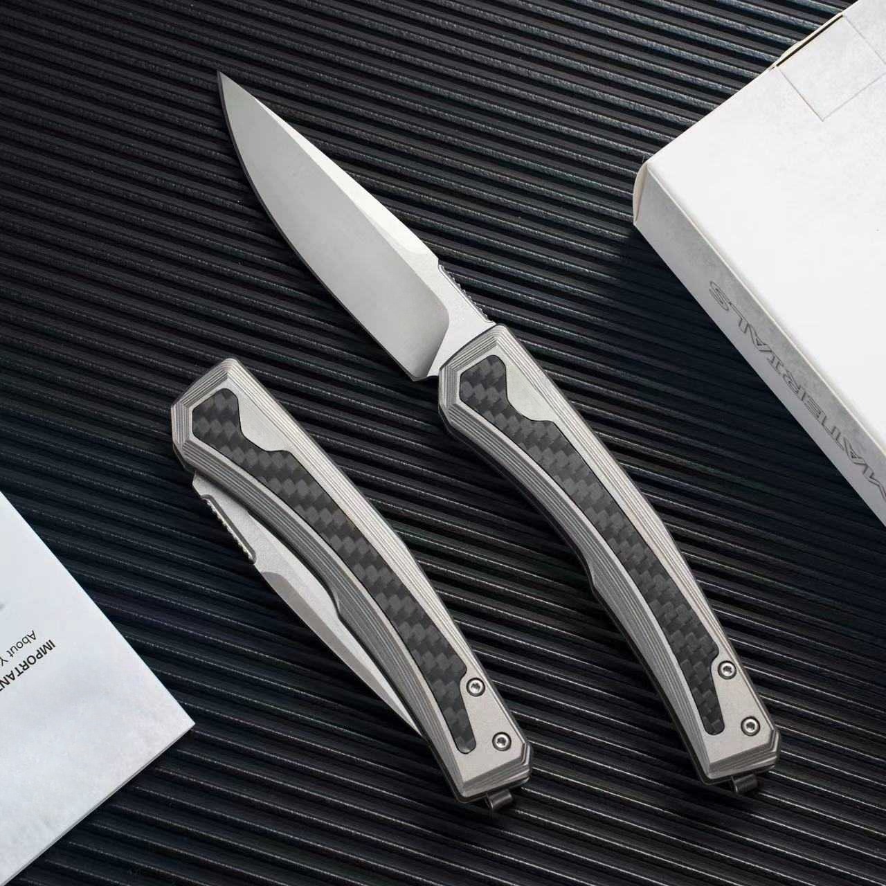 0556 Assisted Folding Knife Two-Tone Drop Point Blade, Bead Blasted Titanium Handles with Carbon Fiber Inlays Outdoor Tactical Hunting Knives 0022 330