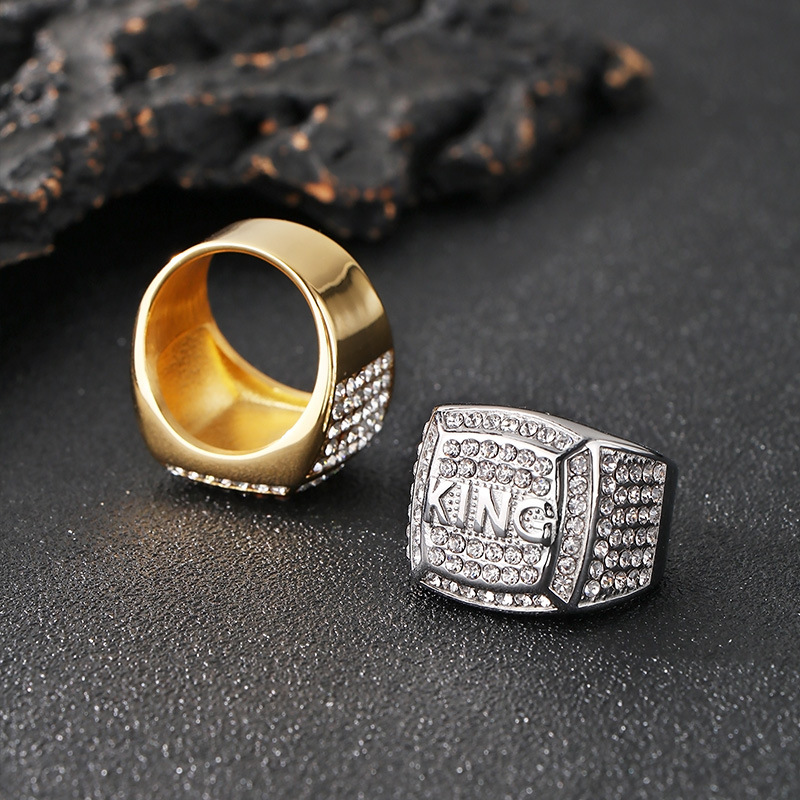 Hip Hop Square Stainless Steel KING Letter Casting Ring with Zirons Jewelry
