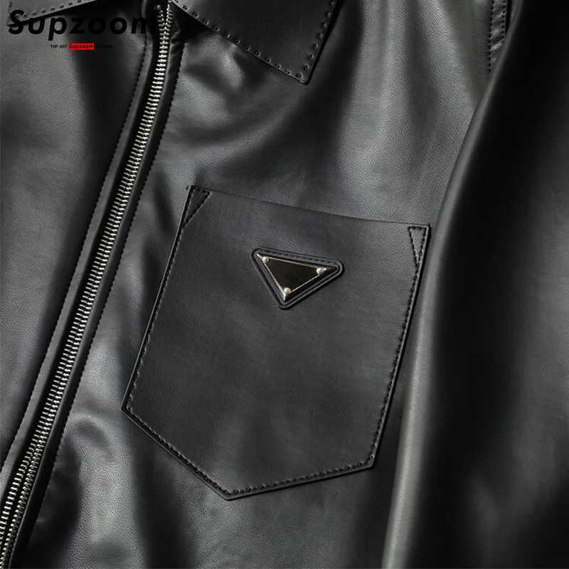 Supzoom New Arrival Top Fashion Autumn And Winter Pu Triangle Mark Synthetic Leather Black Leisure Jacket Men CoatT250311