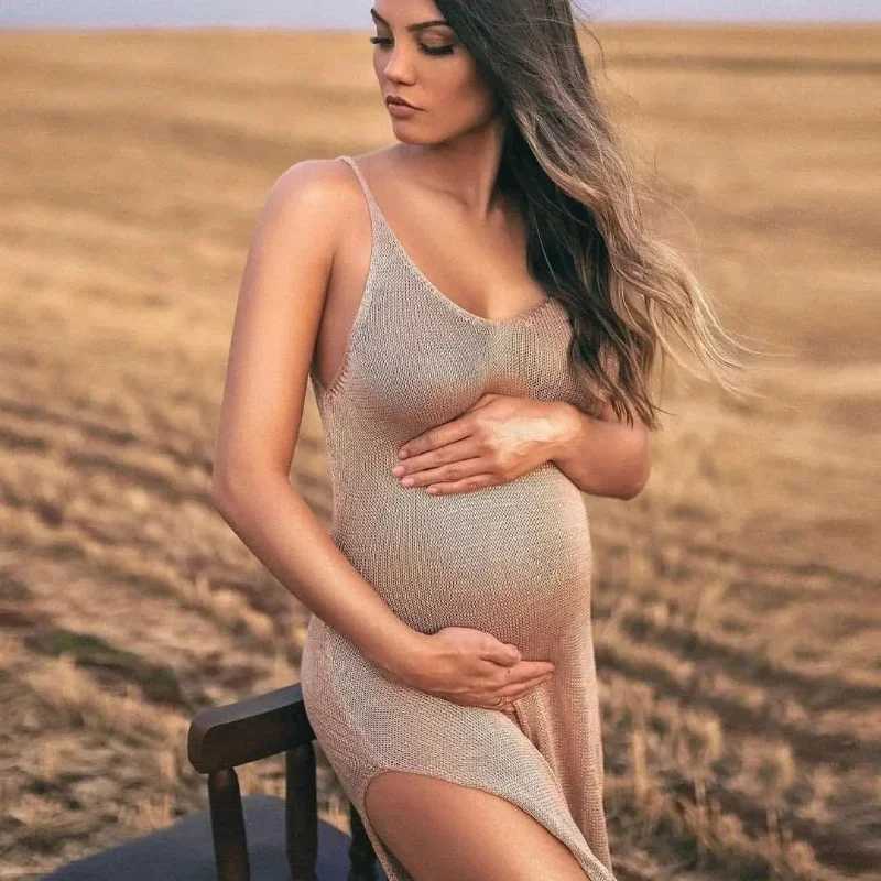 Knitted Maternity Photography Dresses Sling Pregnant Woman Baby Shower Dresses Photo Shoot Robe Clothing Props AccessoriesT250311