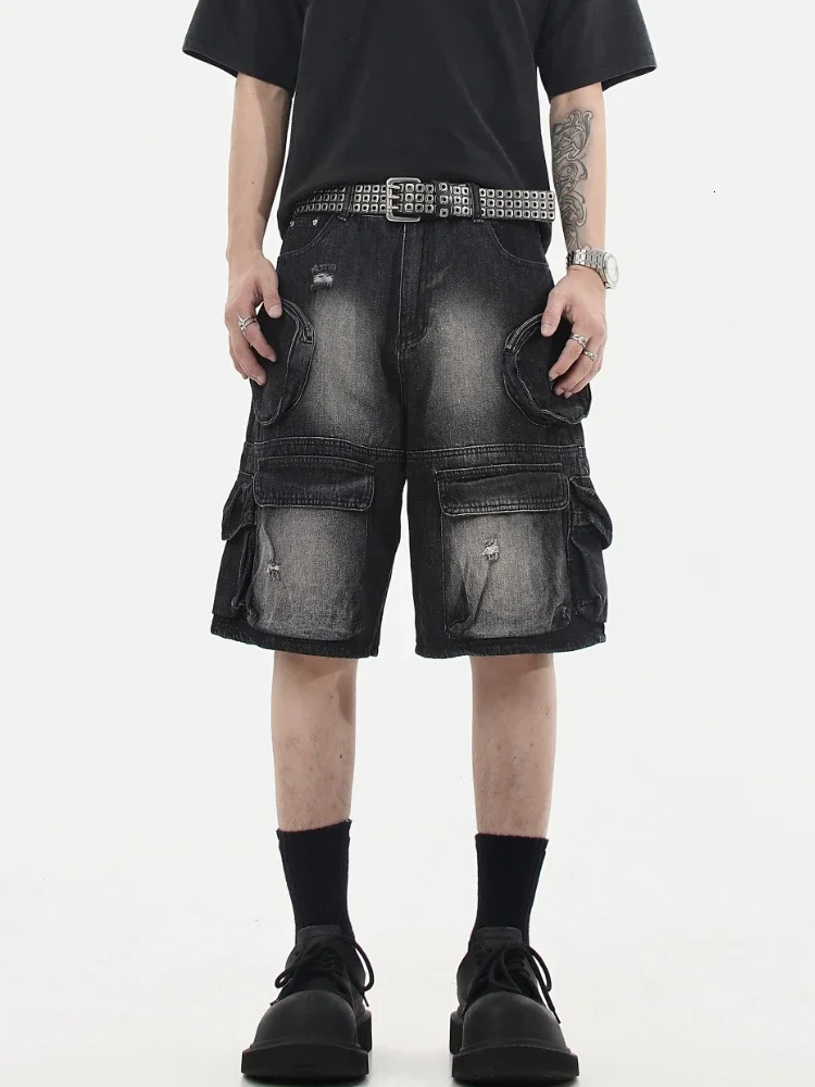 Denim Cargo Shorts Men Vintage Loose Baggy Multipockets Washed Streetwear Handsome Personality Summer American Fashion 250312