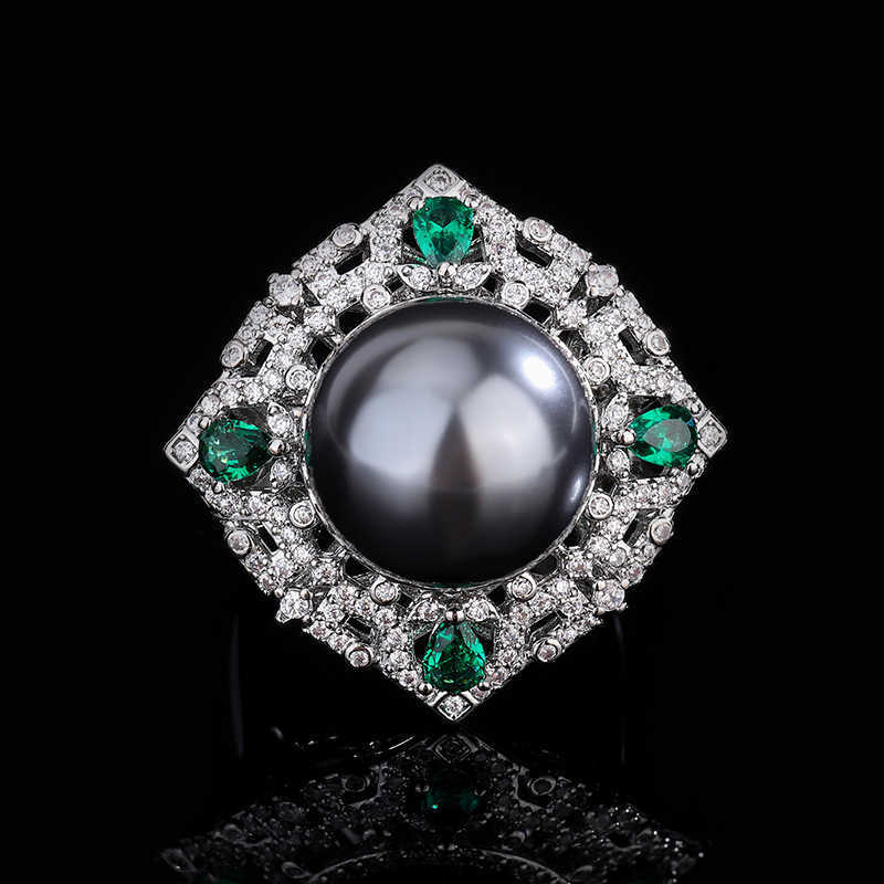 Zhuang Shengsheng copper bottom gold-plated inlaid with mother of pearl Korean version simulation emerald inlaid with diamond temperament gray pearl s