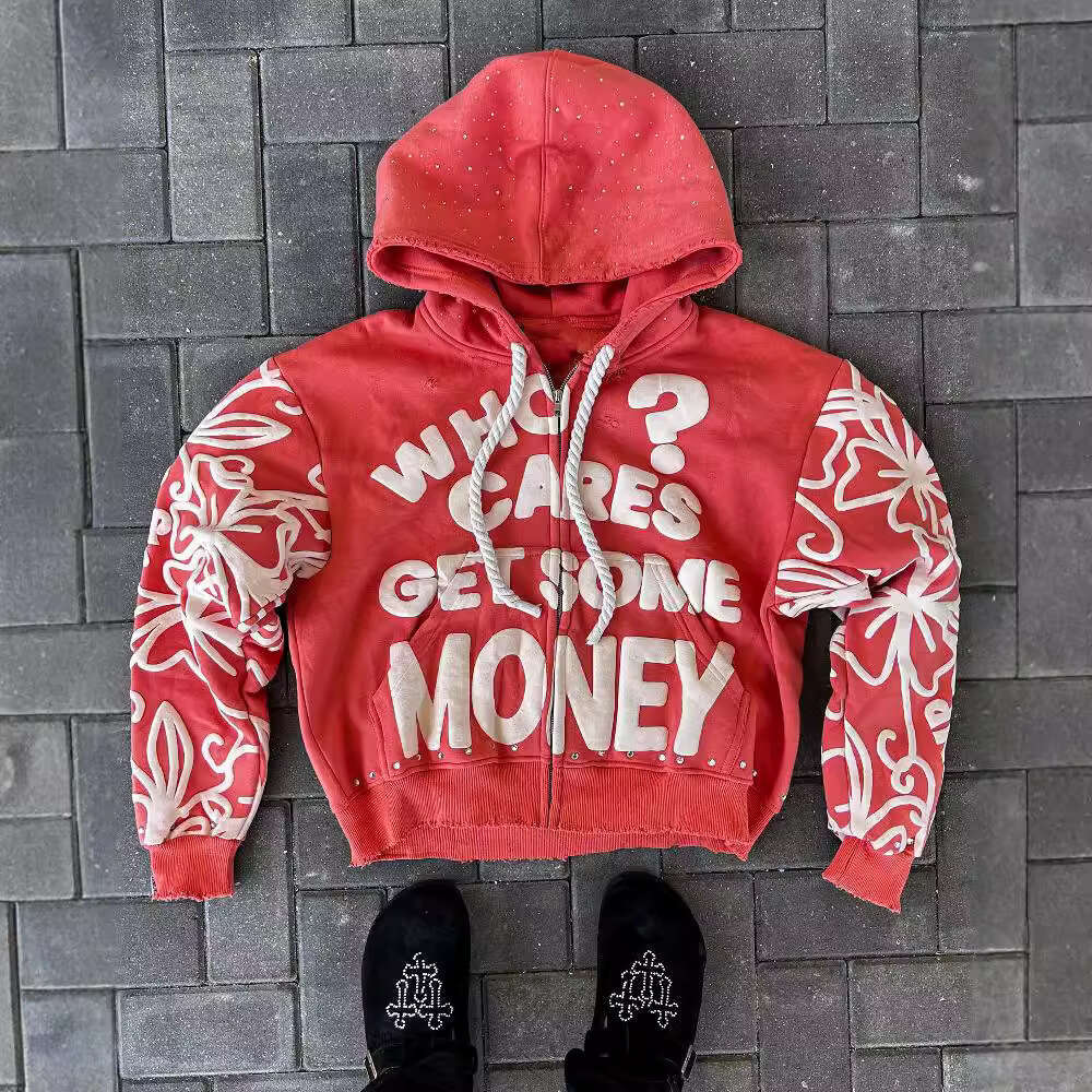 American Street Trend Foam Printed Personalized New Zipper Harajuku Loose Unisex Hoodie