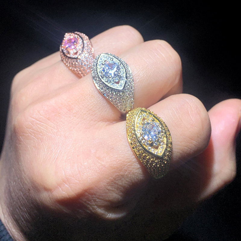 Hip Hop Casting Eye Rings Bling Full 5A Zircons Jewelry Real Gold Plated Cool Men Gift