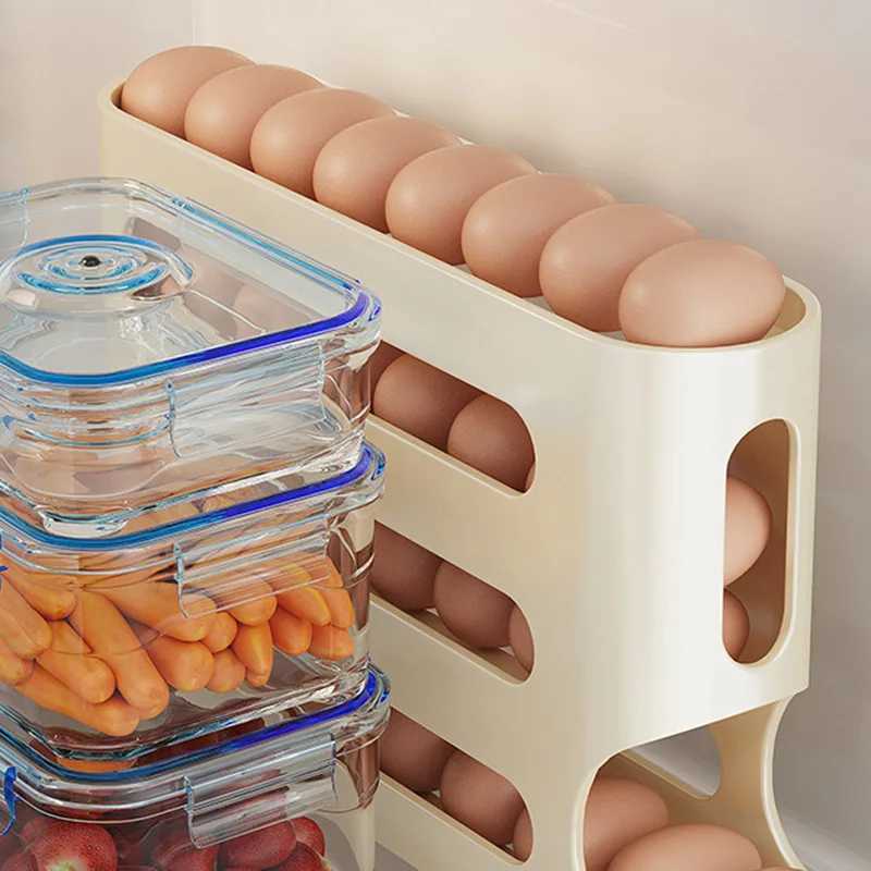 4 Layers Automatic Rolling Holder Rack Fridge Eggs Storage Box Container Kitchen Refrigerator Egg Dispenser Fridge Egg Organizer M250312