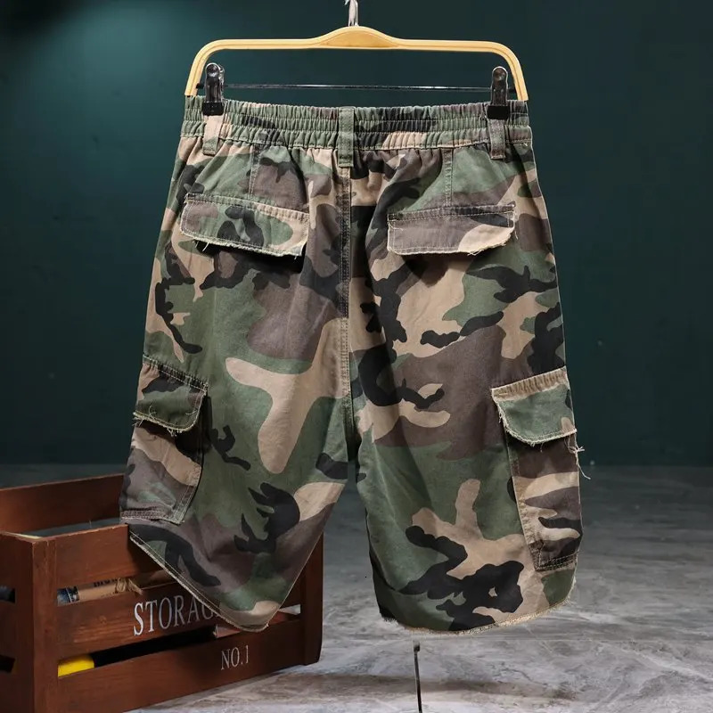 Workwear Camouflage Shorts Mens Summer Hole Patch Street Loose Casual Cool Trendy Capris Mens Clothing 250310